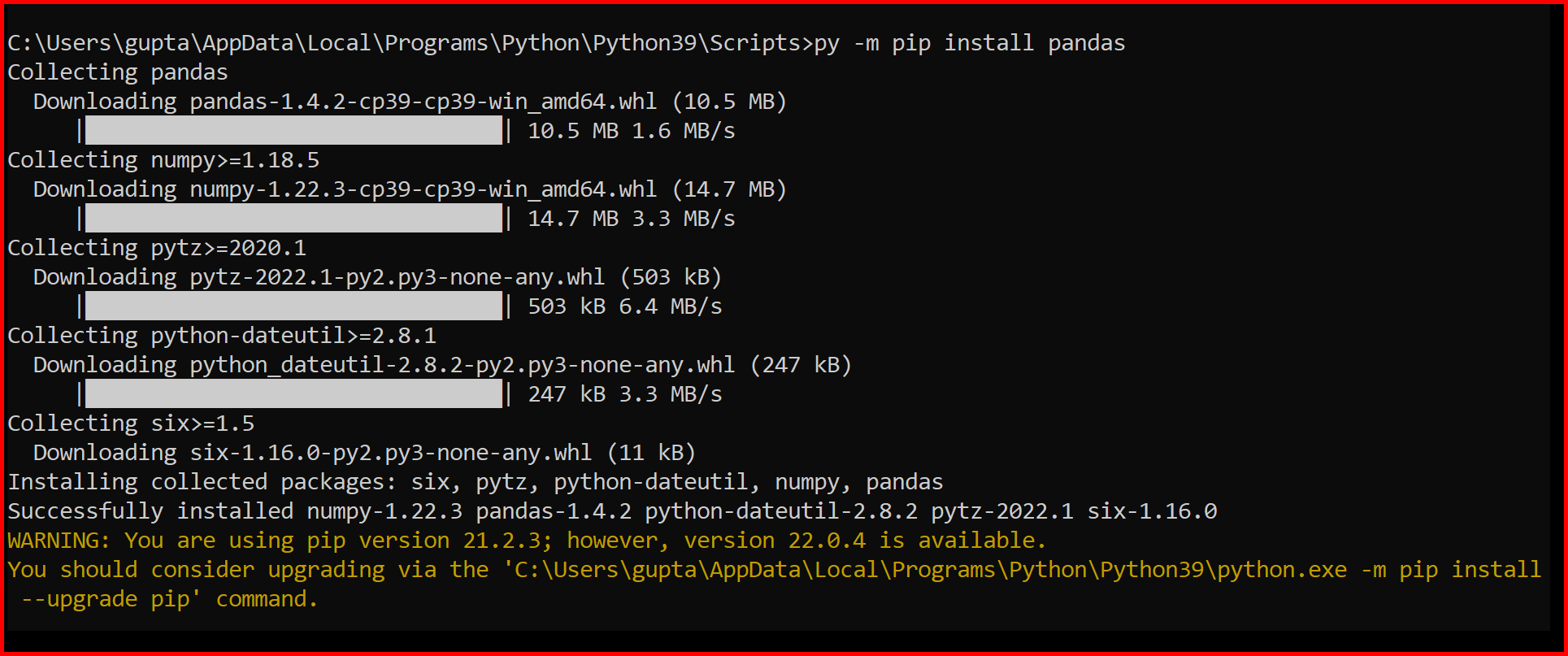 Picture showing the installation of pandas using command prompt